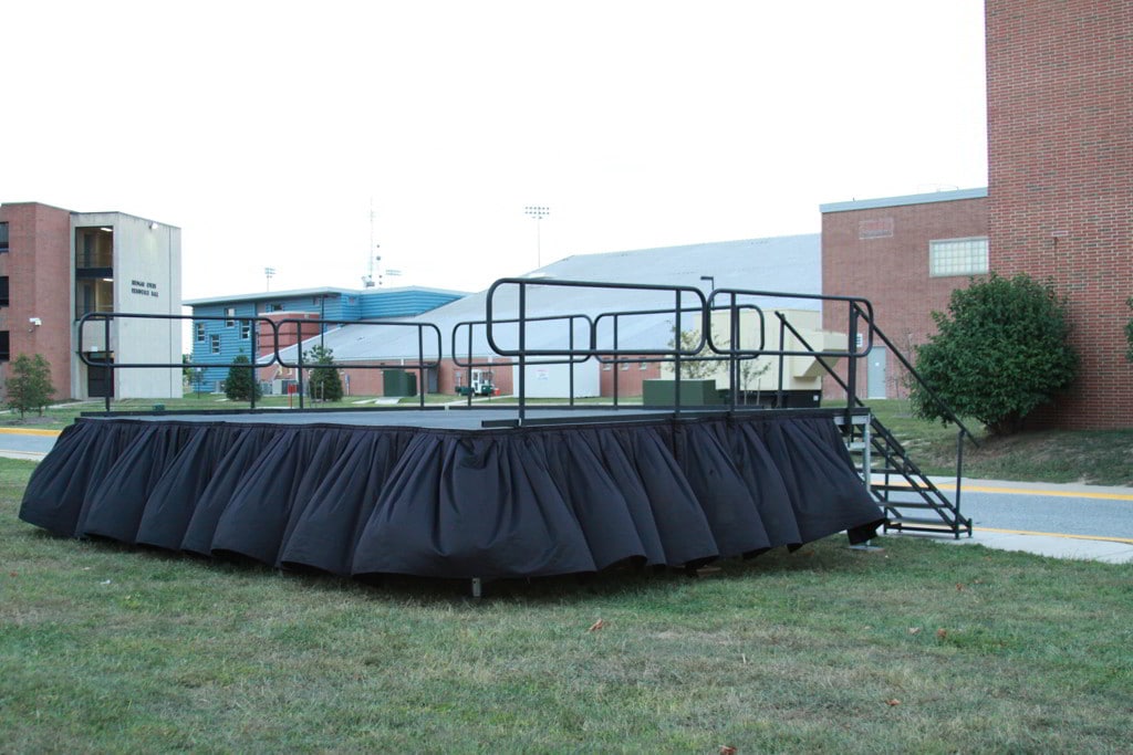 ada railing, stage skirt, concert stage, outdoor stage, stage railing, stage steps, avrs, big bruce, stage skirt